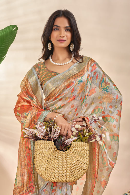 Royal Soft Silk Saree With Zari Border & Lotus Peacock Print For Women