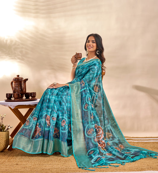 Teal Blue Soft Silk Saree With Floral Digital Pallu & Zari Border For Women