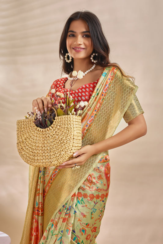 Soft Silk Saree With Traditional Paisley Floral Print And Zari Border For Women