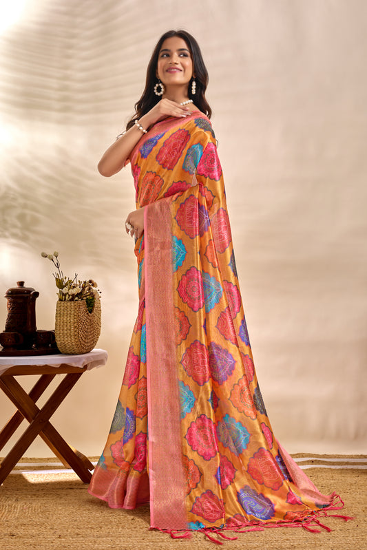Vibrant Soft Silk Blend Saree With Multicolor Woven Motifs For Women