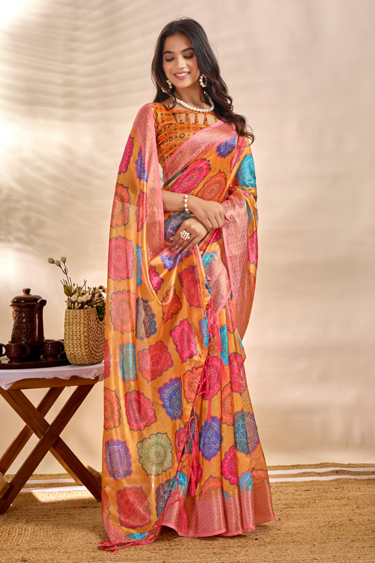 Vibrant Soft Silk Blend Saree With Multicolor Woven Motifs For Women