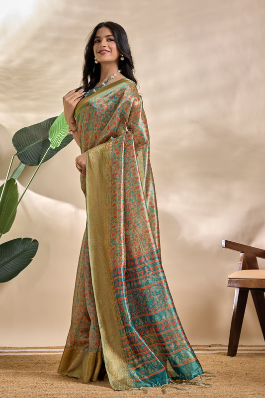 Olive-Green Soft Silk Blend Saree With Traditional Pallu & Floral Body For Women