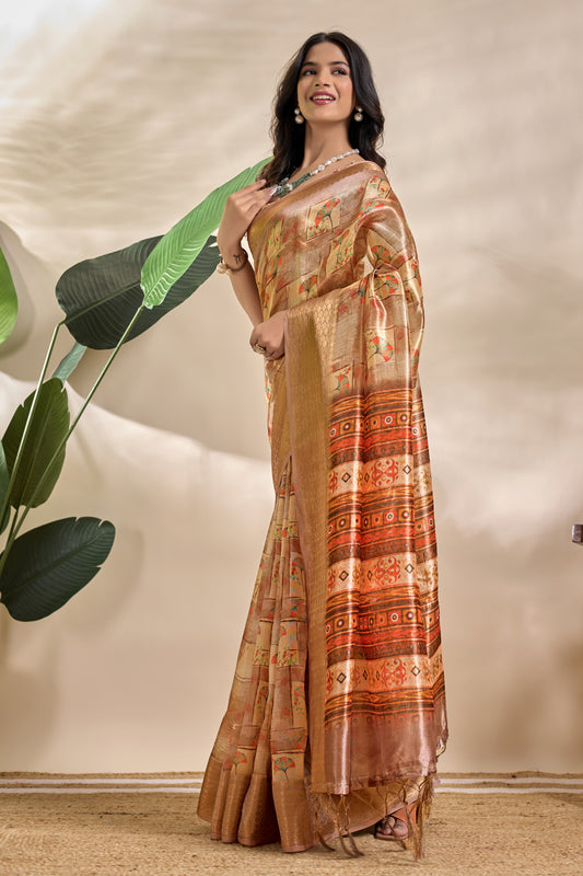 Beige Soft Silk Blend Saree With Tribal Elephant Print For Women