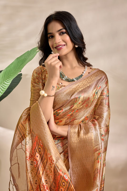 Beige Soft Silk Blend Saree With Tribal Elephant Print For Women