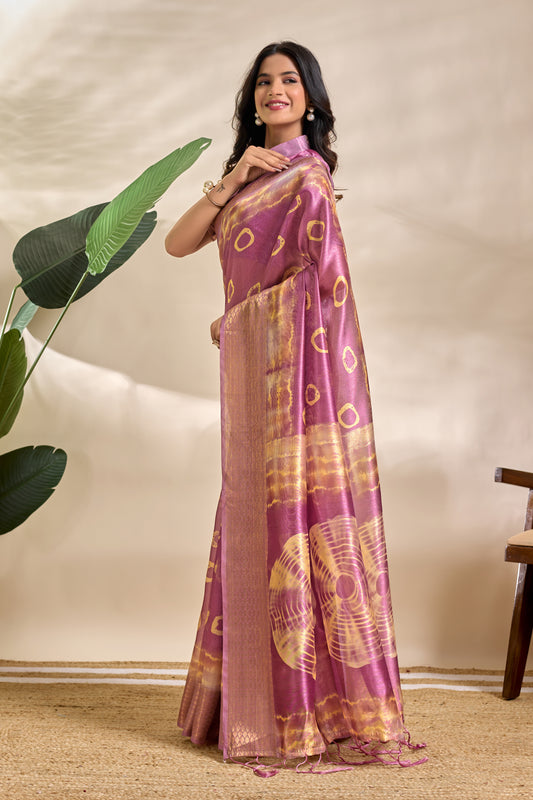 Mauve Soft Silk Blend Saree With Tie-Dye & Zari Detailing For Women