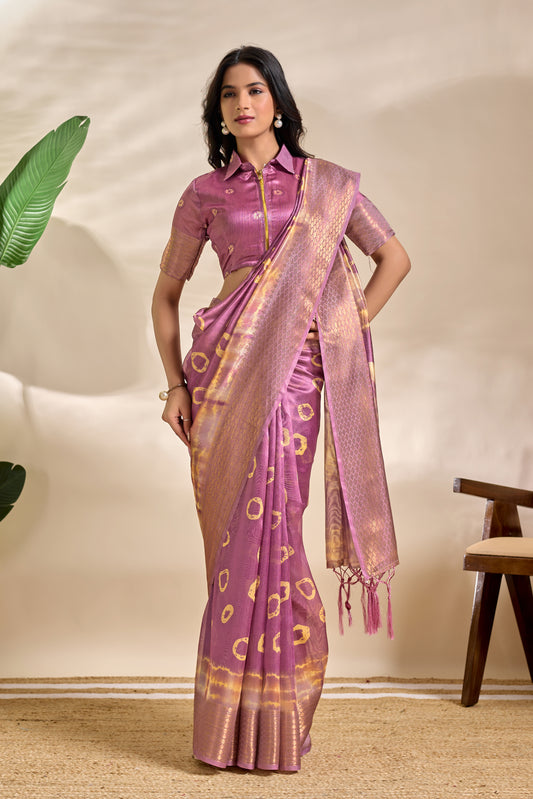 Mauve Soft Silk Blend Saree With Tie-Dye & Zari Detailing For Women