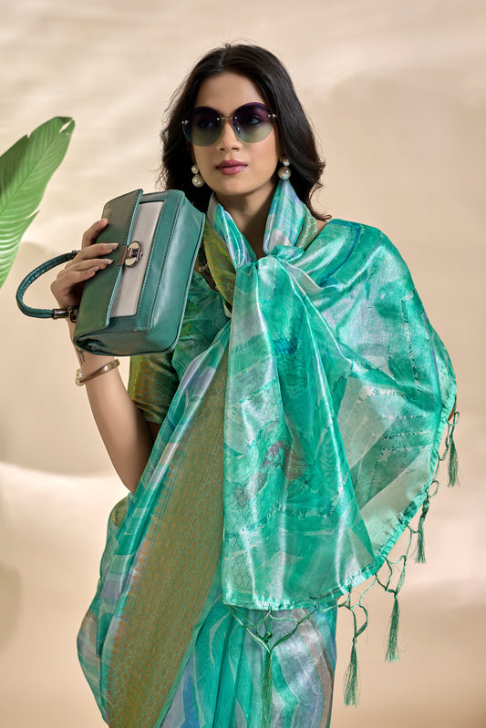 Sea Green Soft Silk Blend Saree With Subtle Wave Print & Zari Border For Women