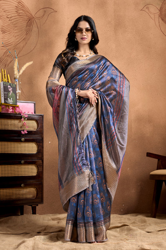Peacock Motif Soft Silk Saree With Antique Zari Border For Women