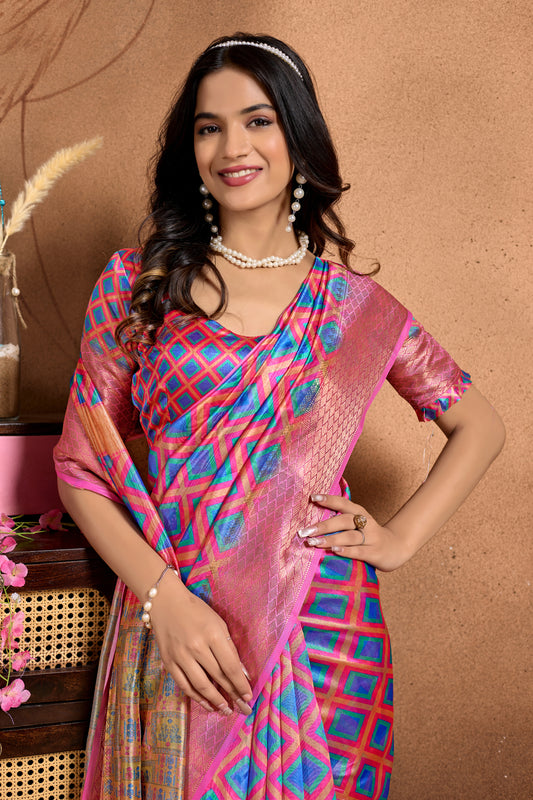 Pink-Blue Soft Silk Blend Saree With Geometric Motifs & Traditional Pallu For Women