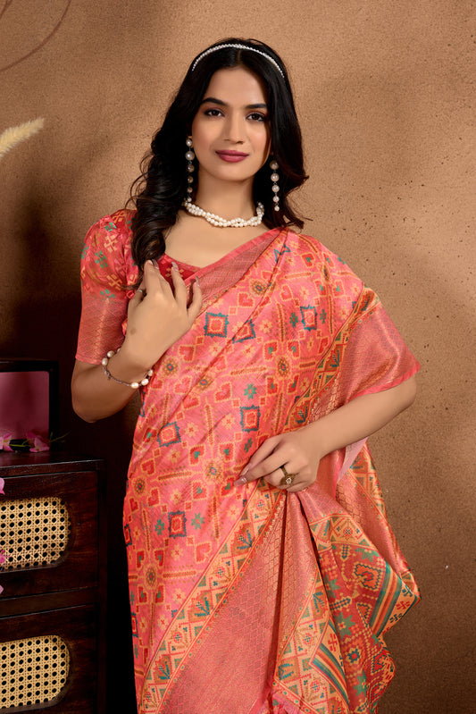 Peach Soft Silk Blend Saree With Traditional Patola-Style Design For Women