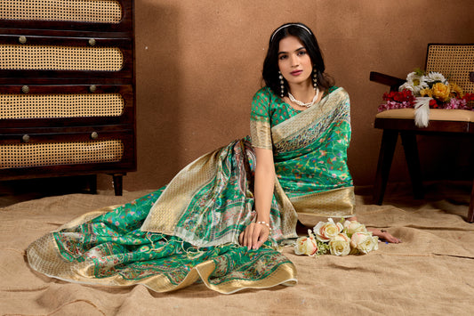 Green Soft Silk Blend Saree With Paisley & Floral Zari Weave For Women