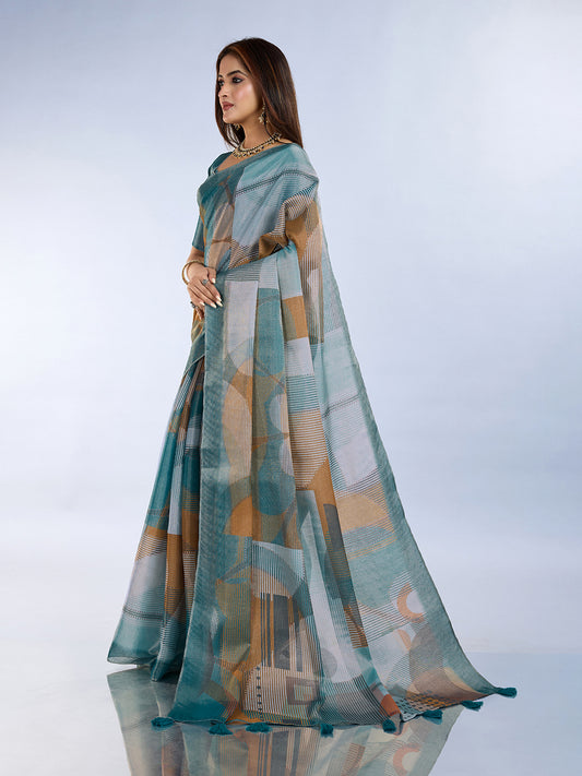 Teal Geometric Printed Saree For Women