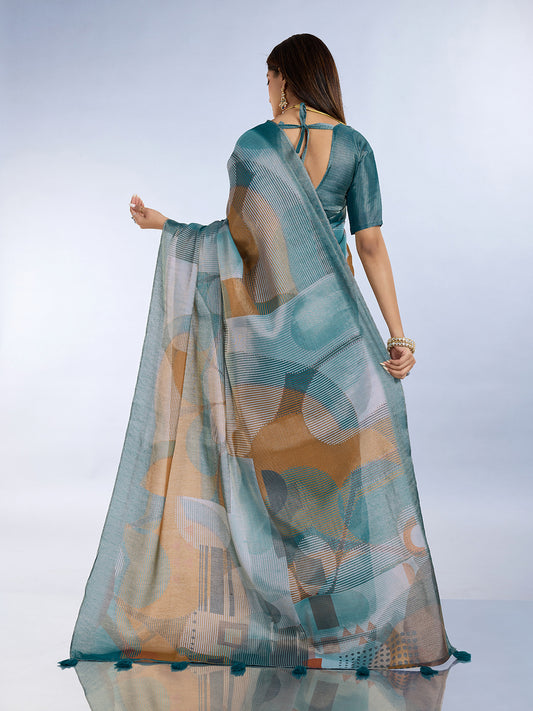 Teal Geometric Printed Saree For Women