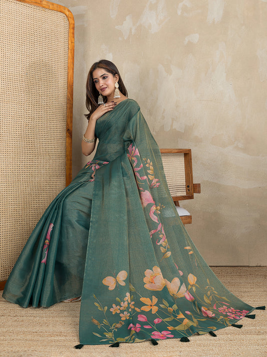 Teal Green Floral Printed Erode Anmol Silk Saree For Women
