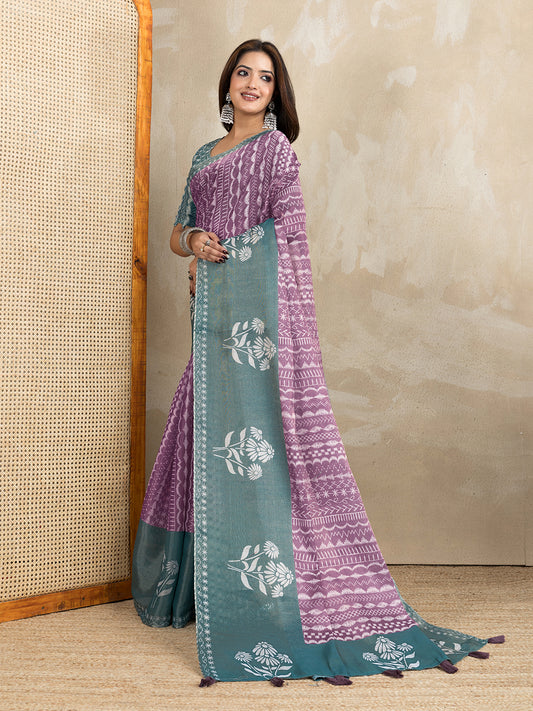 Graceful Purple & Teal Printed Silk Saree For Women