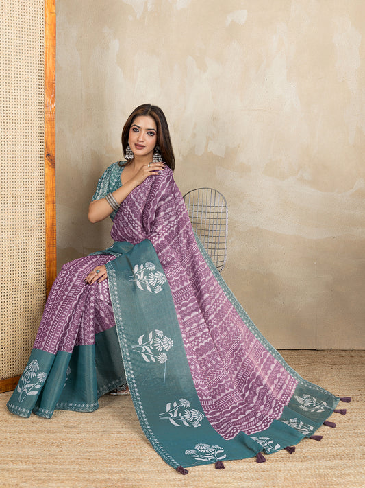 Graceful Purple & Teal Printed Silk Saree For Women