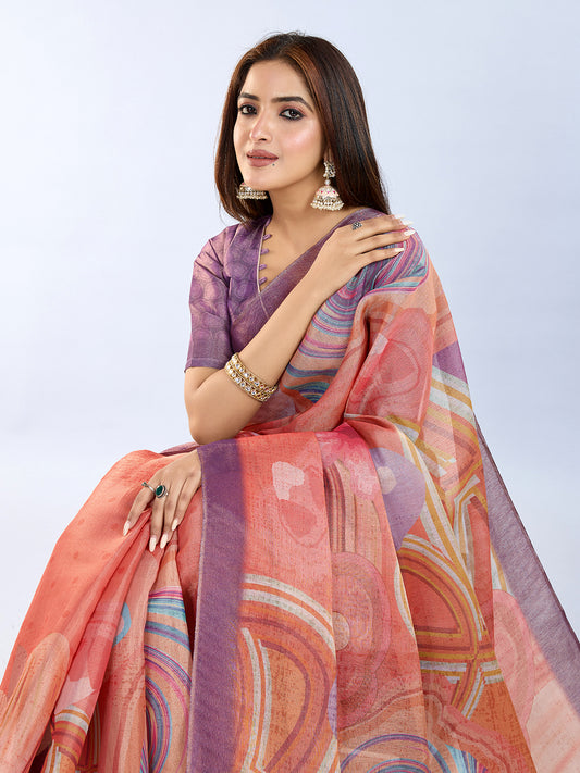 Coral & Lavender Abstract Erode Anmol Silk Saree For Women