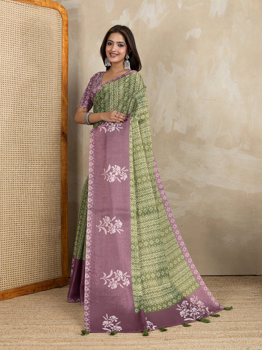 Mauve & Green Dual-Tone Printed Erode Anmol Silk Saree For Women