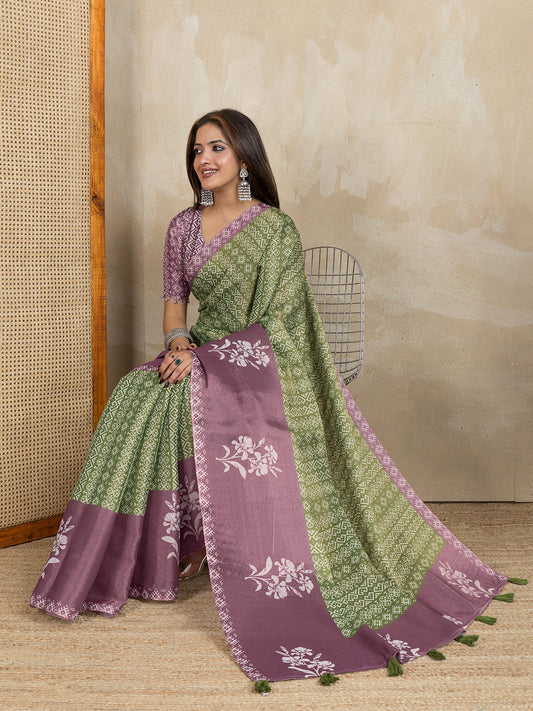 Mauve & Green Dual-Tone Printed Erode Anmol Silk Saree For Women