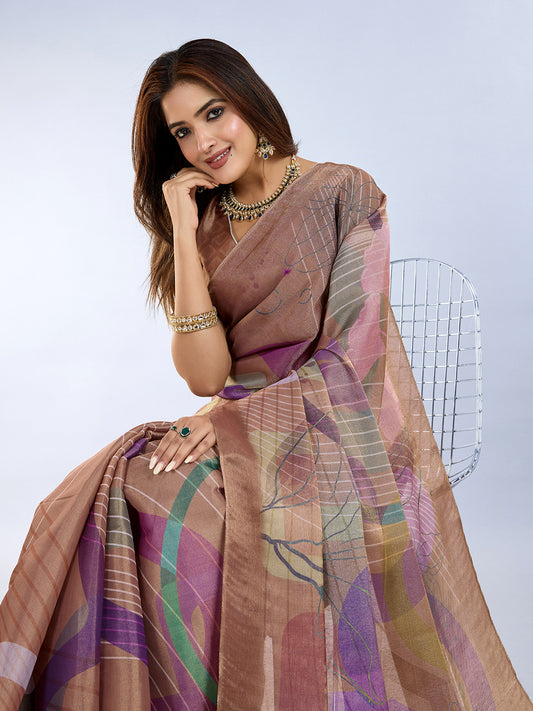 Brown Abstract Printed Saree For Women
