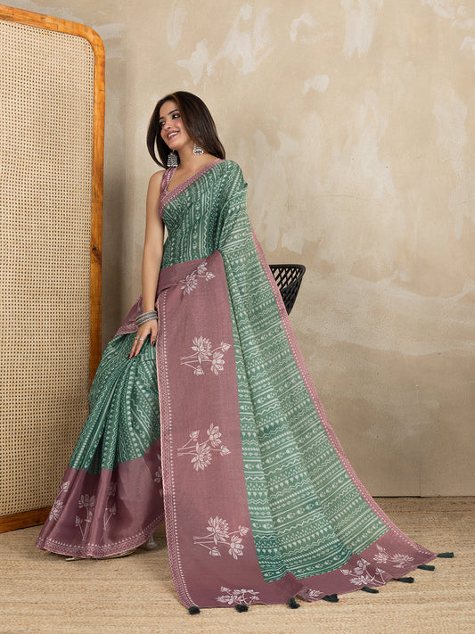 Green & Mauve Dual-Tone Printed Erode Anmol Silk Saree For Women
