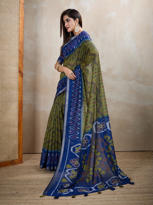 Olive Green & Blue Ikat Printed Chanderi Saree For Women