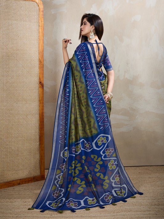 Olive Green & Blue Ikat Printed Chanderi Saree For Women