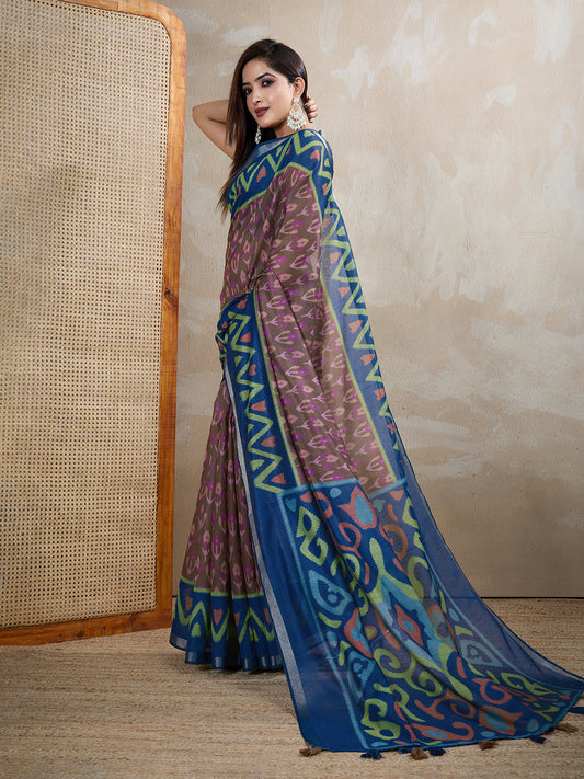 Brown & Blue Ikat Printed Chanderi Saree For Women