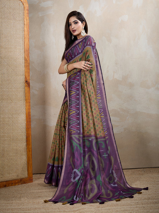 Olive & Purple Ikat Printed Chanderi Saree For Women