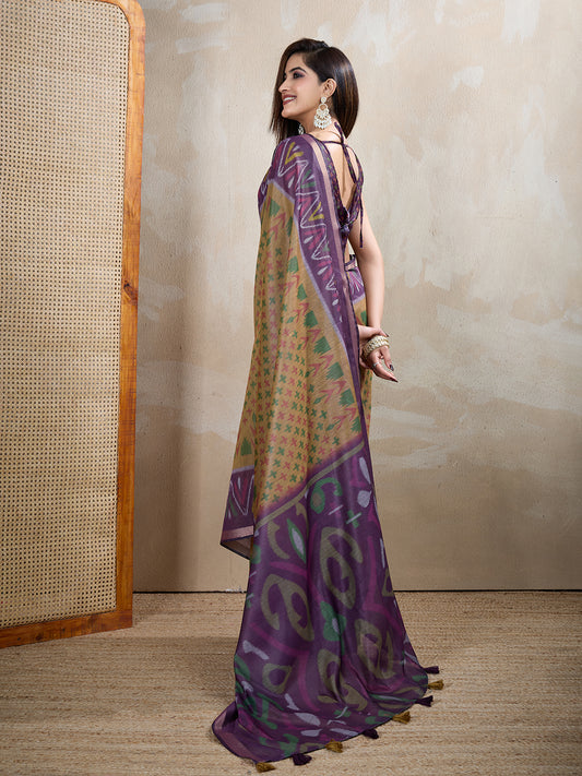 Olive & Purple Ikat Printed Chanderi Saree For Women
