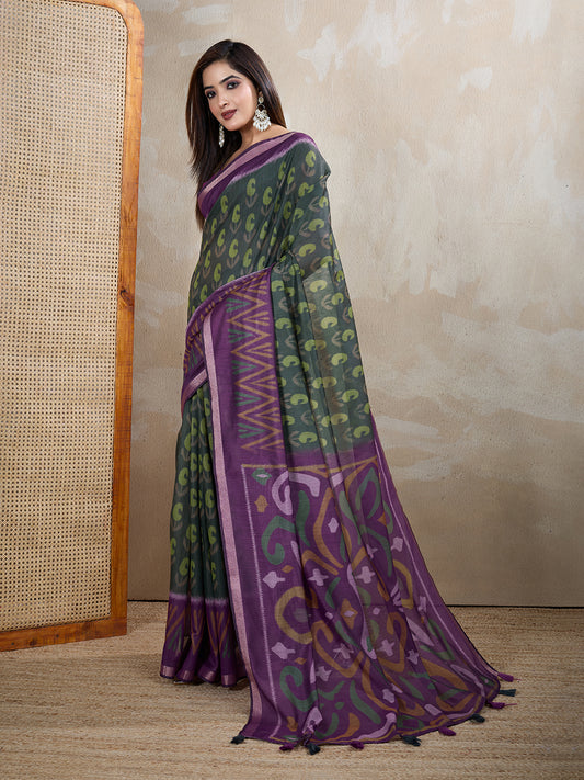 Dark Green & Purple Ikat Printed Chanderi Saree For Women