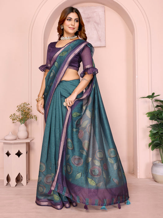 Teal Blue & Purple Black Chanderi Saree For Women