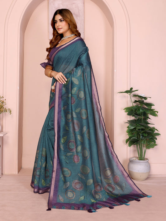 Teal Blue & Purple Black Chanderi Saree For Women