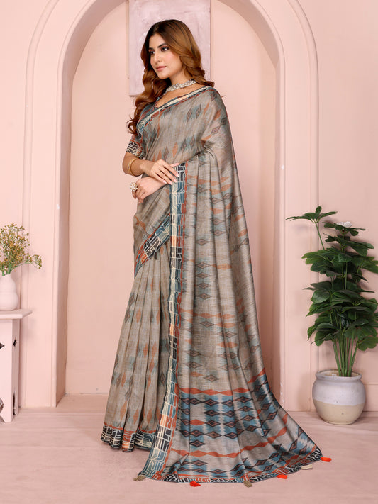 Grey & Rust Patterned Black Chanderi Saree For Women
