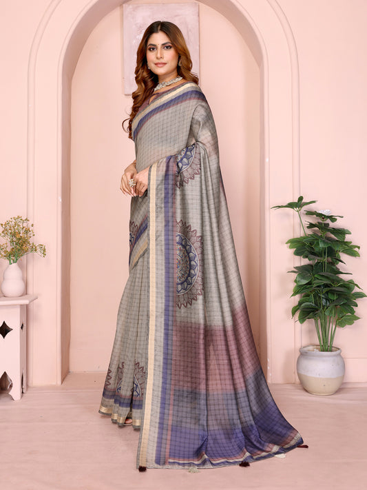 Grey Checked Black Chanderi Saree For Women
