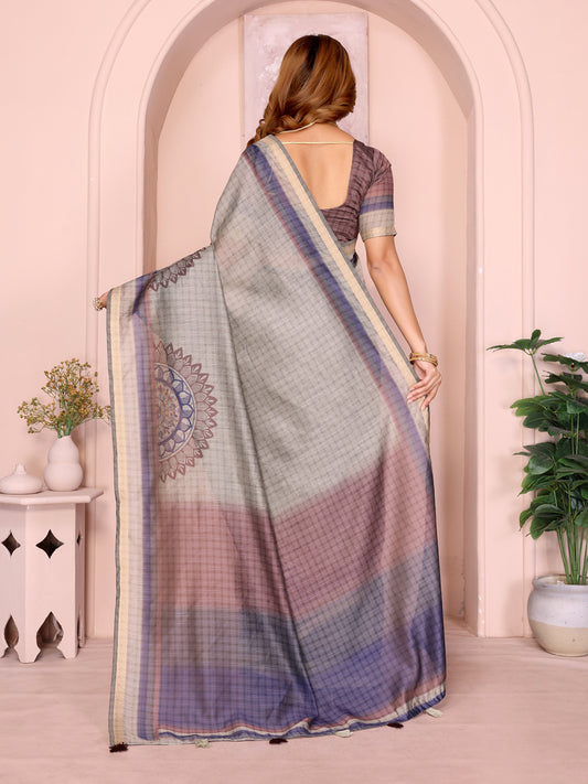 Grey Checked Black Chanderi Saree For Women