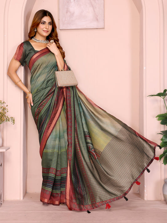 Green & Maroon Black Chanderi Saree For Women