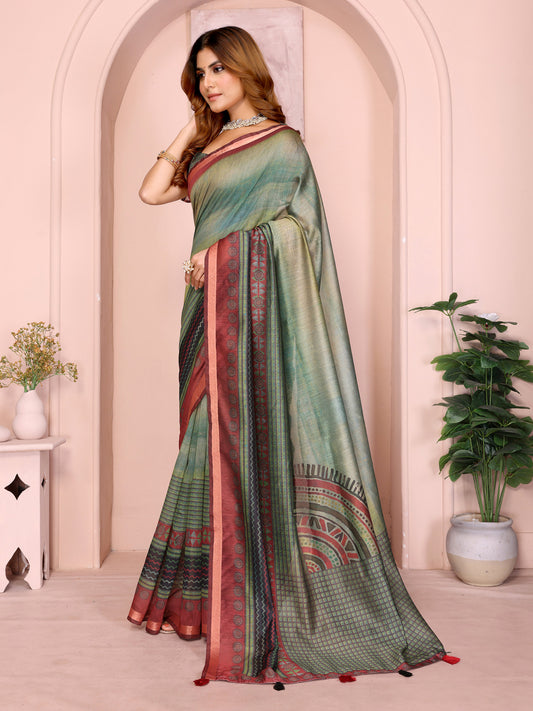 Green & Maroon Black Chanderi Saree For Women
