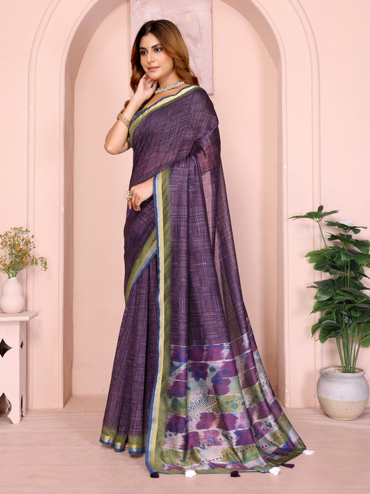 Purple & Green Black Chanderi Saree For Women