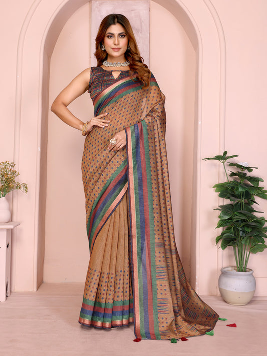Mustard Brown Geometric Black Chanderi Saree For Women