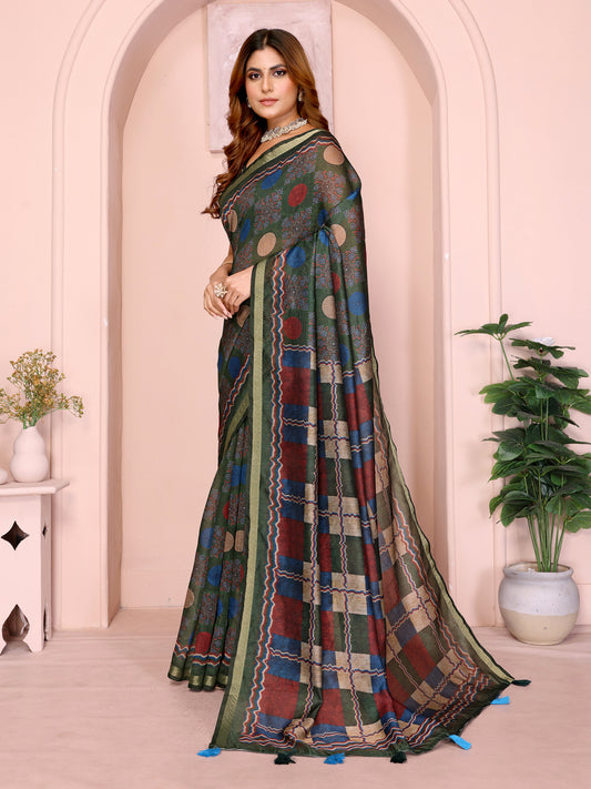Dark Green Multicolor Checkered Black Chanderi Saree For Women
