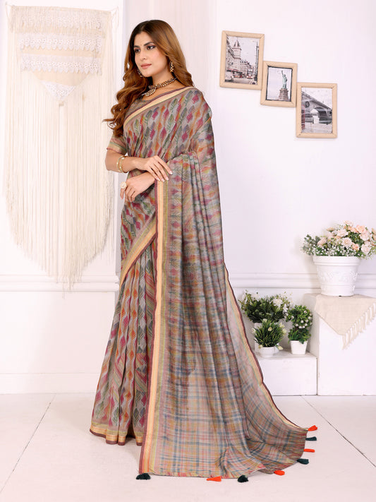 Vibrant Geometric Weaves Chanderi Saree With Contrasting Striped Border For Women