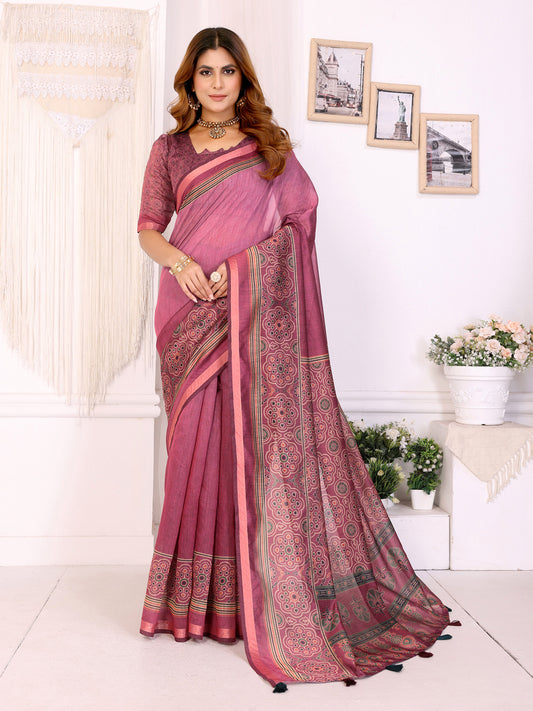 Rosewood Elegance Chanderi Saree With Ethnic Motif Border For Women