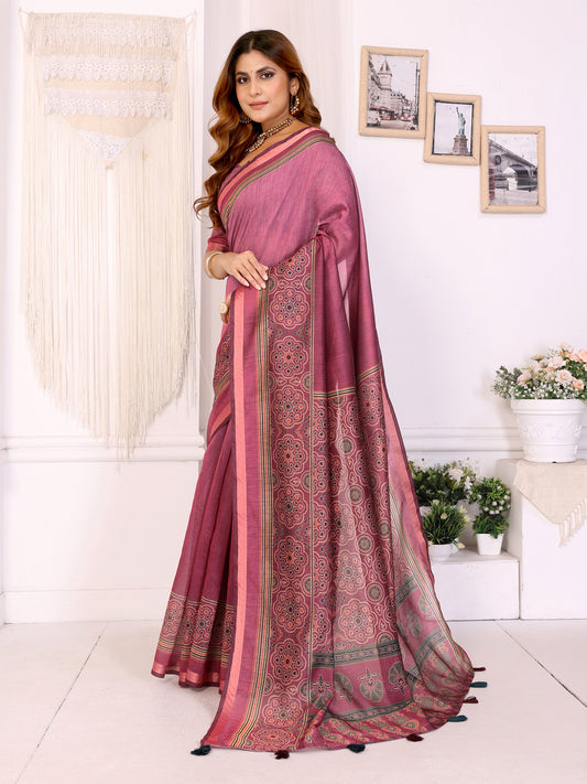 Rosewood Elegance Chanderi Saree With Ethnic Motif Border For Women