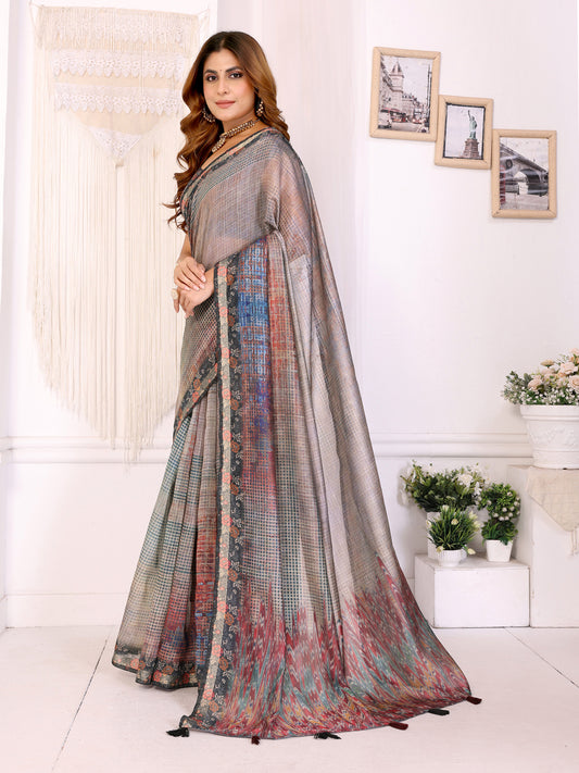 Rustic Multicolor Checks Chanderi Saree With Floral Border Detailing For Women