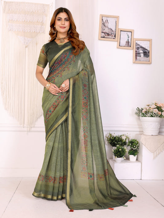 Olive Green Chanderi Saree With Traditional Geometric Border For Women