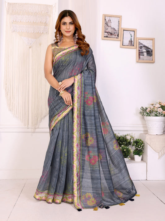 Grey Floral Printed Chanderi Saree For Women