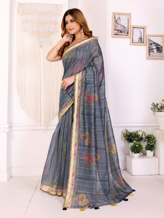 Grey Floral Printed Chanderi Saree For Women