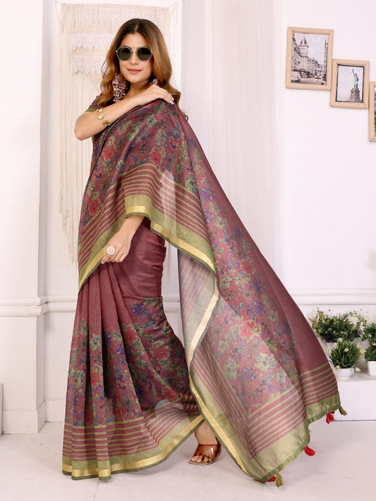 Maroon & Olive Floral Printed Chanderi Saree For Women