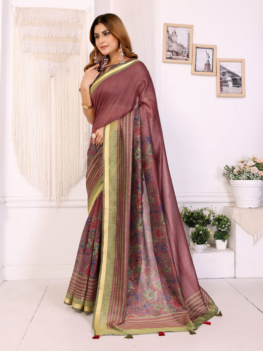 Maroon & Olive Floral Printed Chanderi Saree For Women